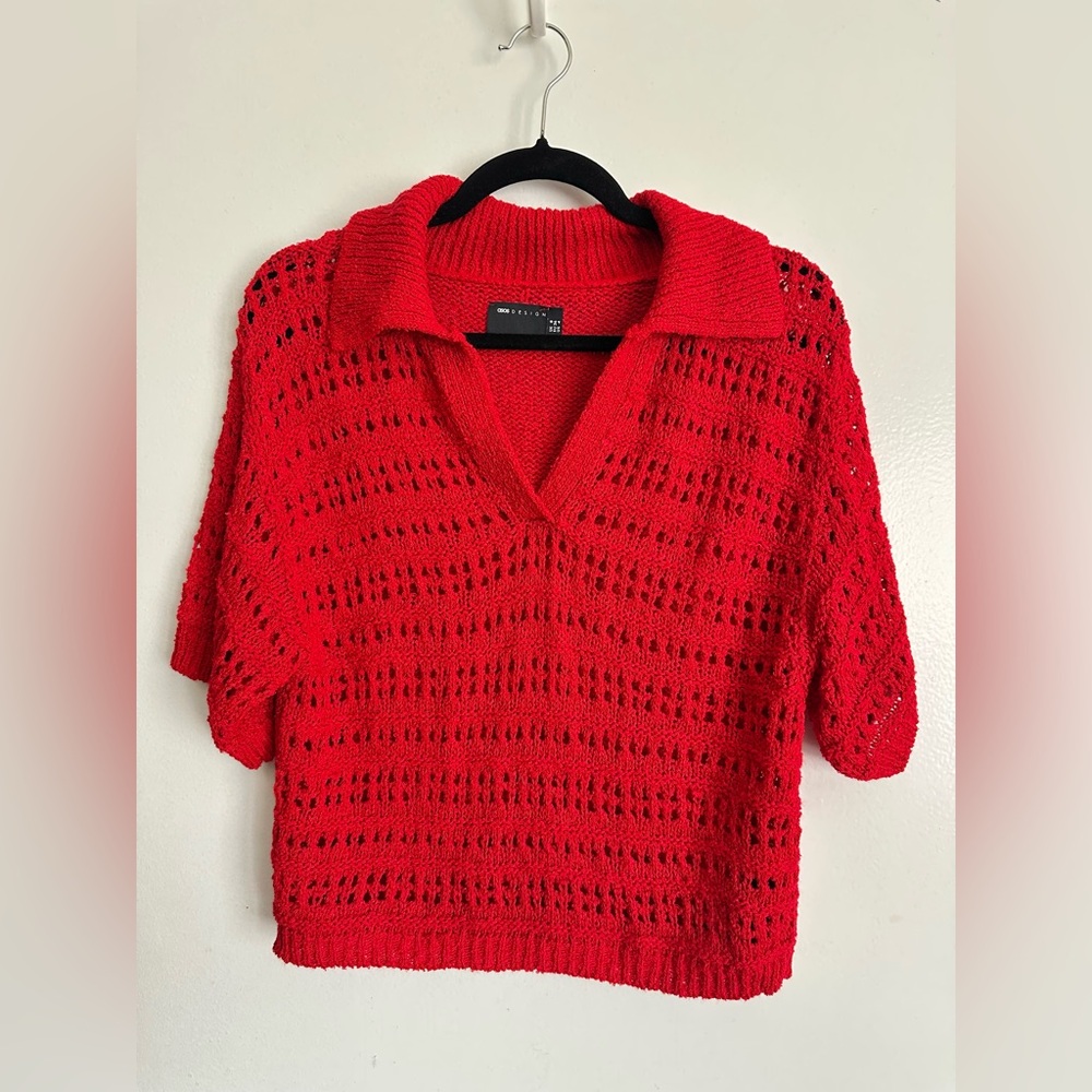 ASOS DESIGN crochet style polo sweater with open stitch in red in size US 4